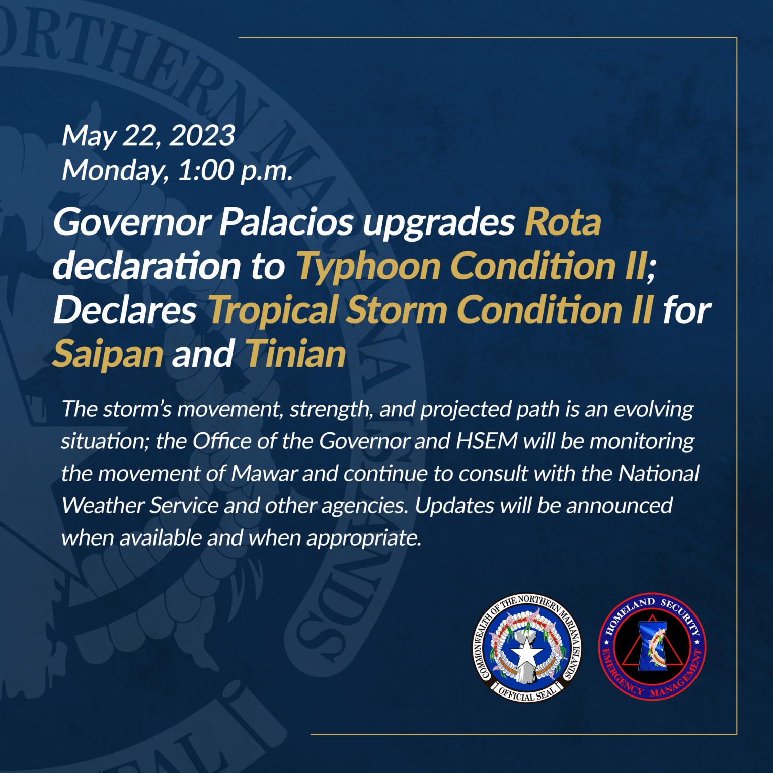 Governor Palacios Upgrades Rota to Typhoon Condition II; Declares